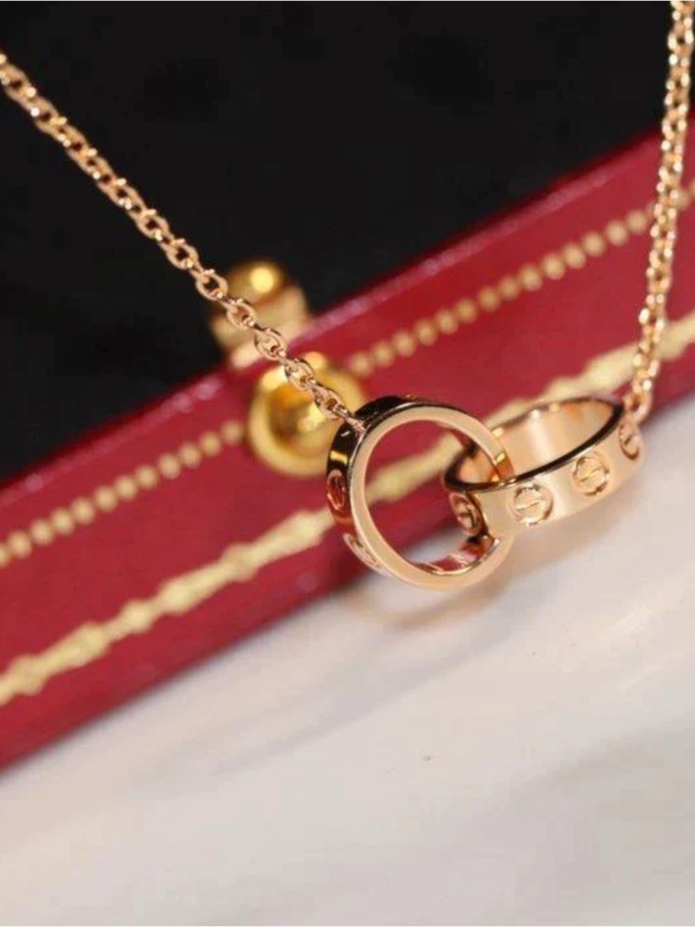 Rose Gold Interlocking Ring Pendant Necklace w/ Red Jewelry Box